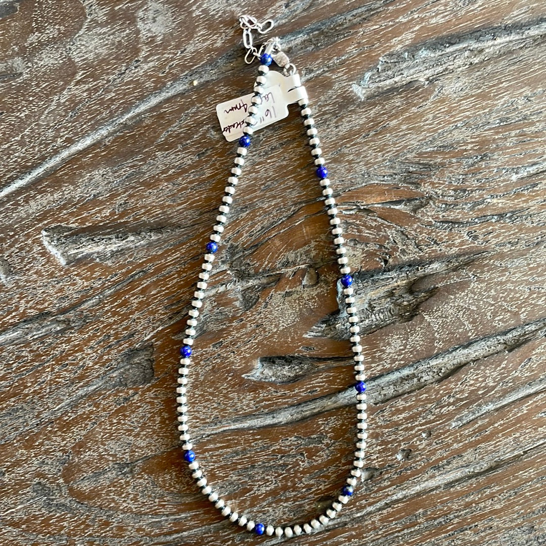 4mm Navajo Pearl Necklace + Lapis 16”