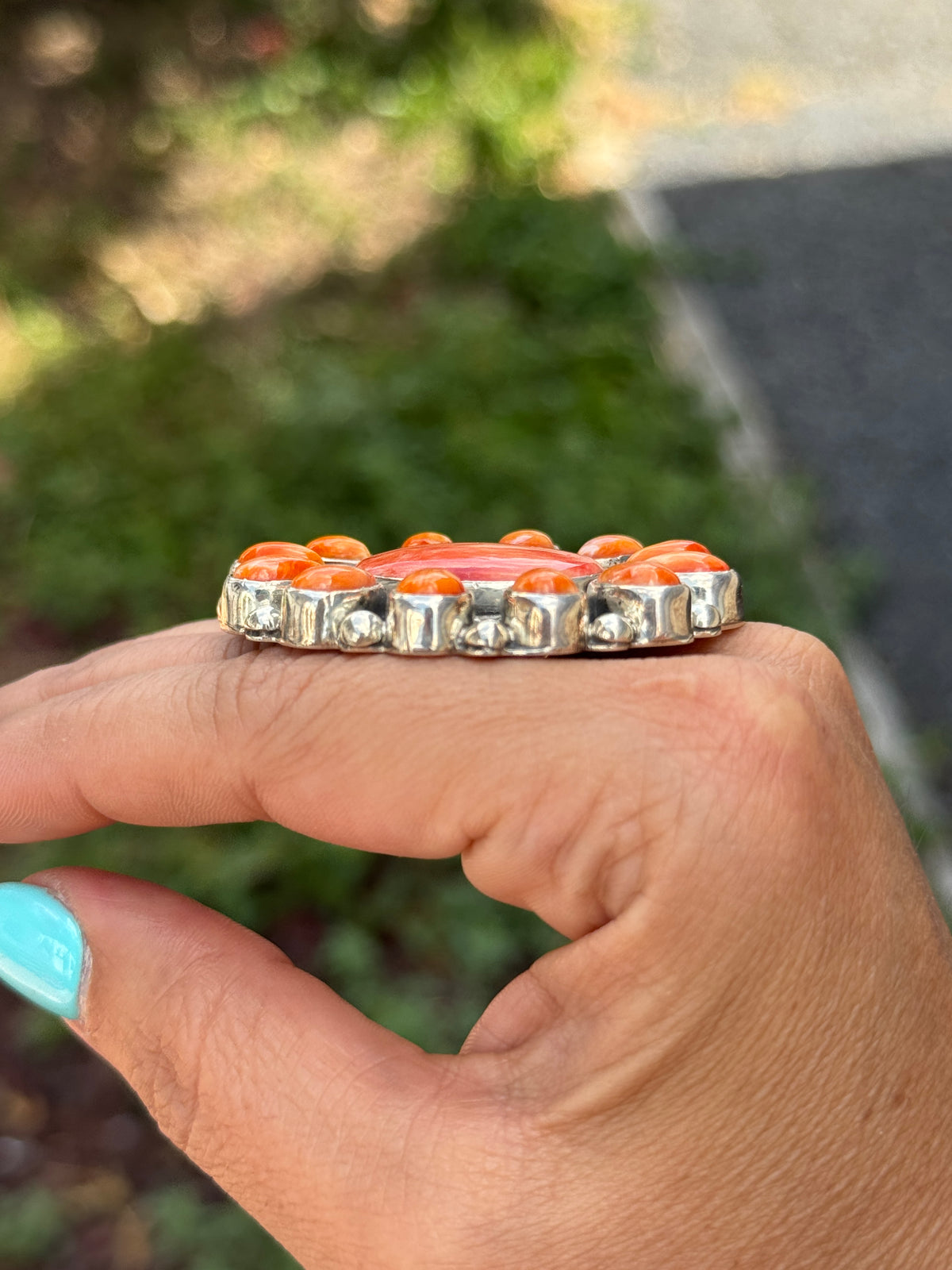 Orange and Red Spiny Oyster Cluster Ring Size 6