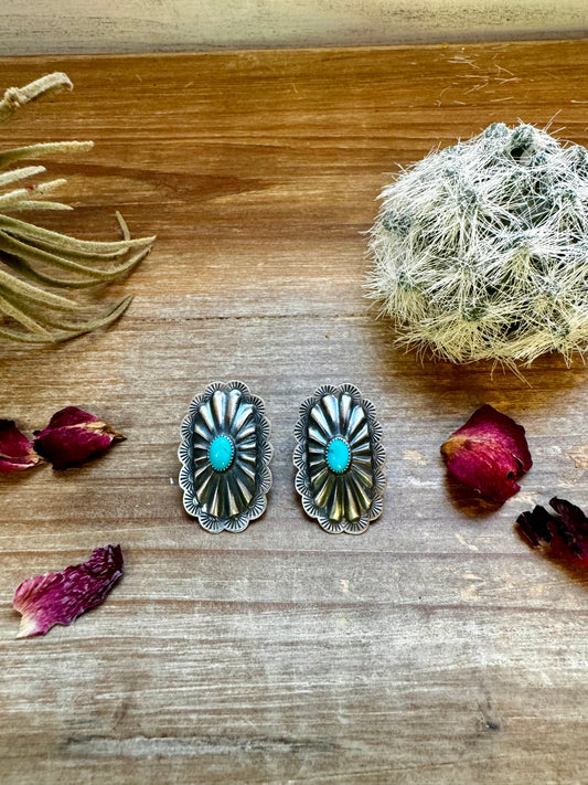 Long Sterling silver stud earrings with kingman turquoise
