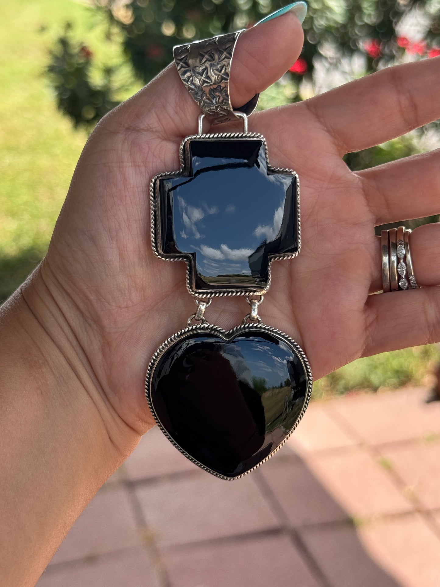 Black Onyx Cross Heart Pendant 4 3/4"