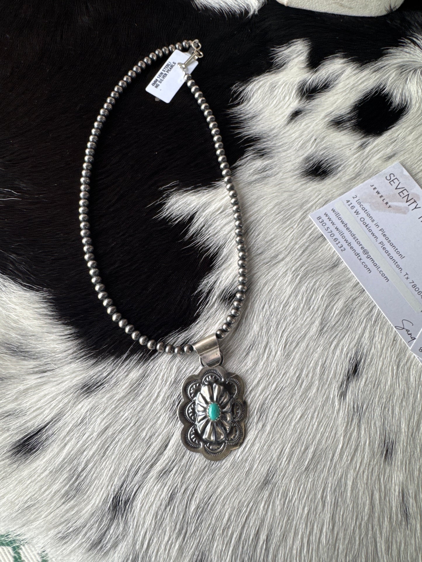 Silver Concho Pendant w Turquoise