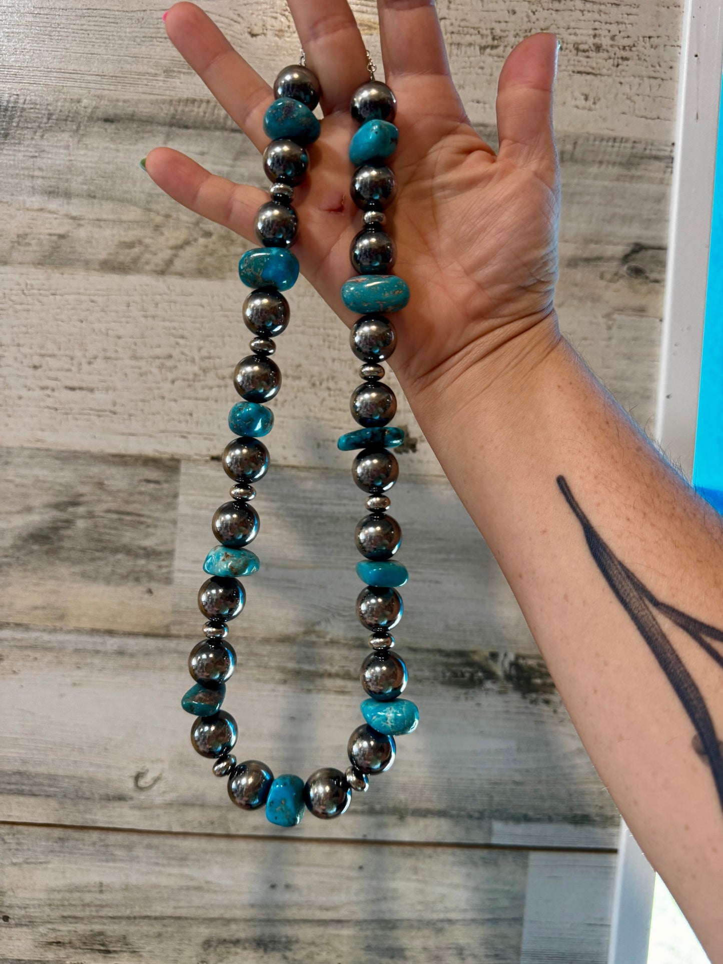 Turquoise Nugget & Sterling Silver Pearl Necklace – 21"