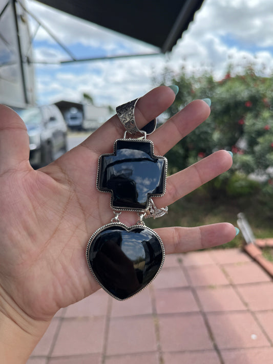 Black Onyx Cross Heart Pendant 4 3/4"