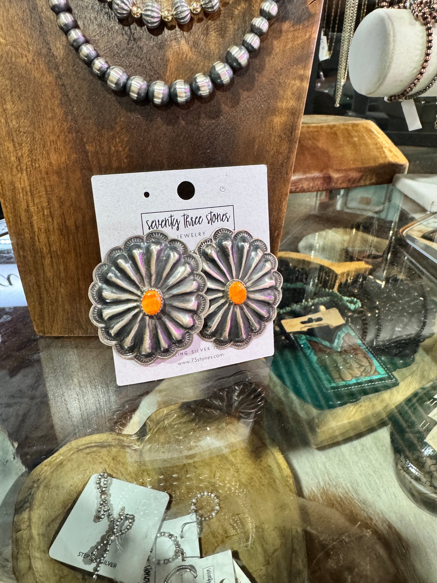 JC Navajo Hand Stamped Sterling Silver & Spiny Concho Post Earrings