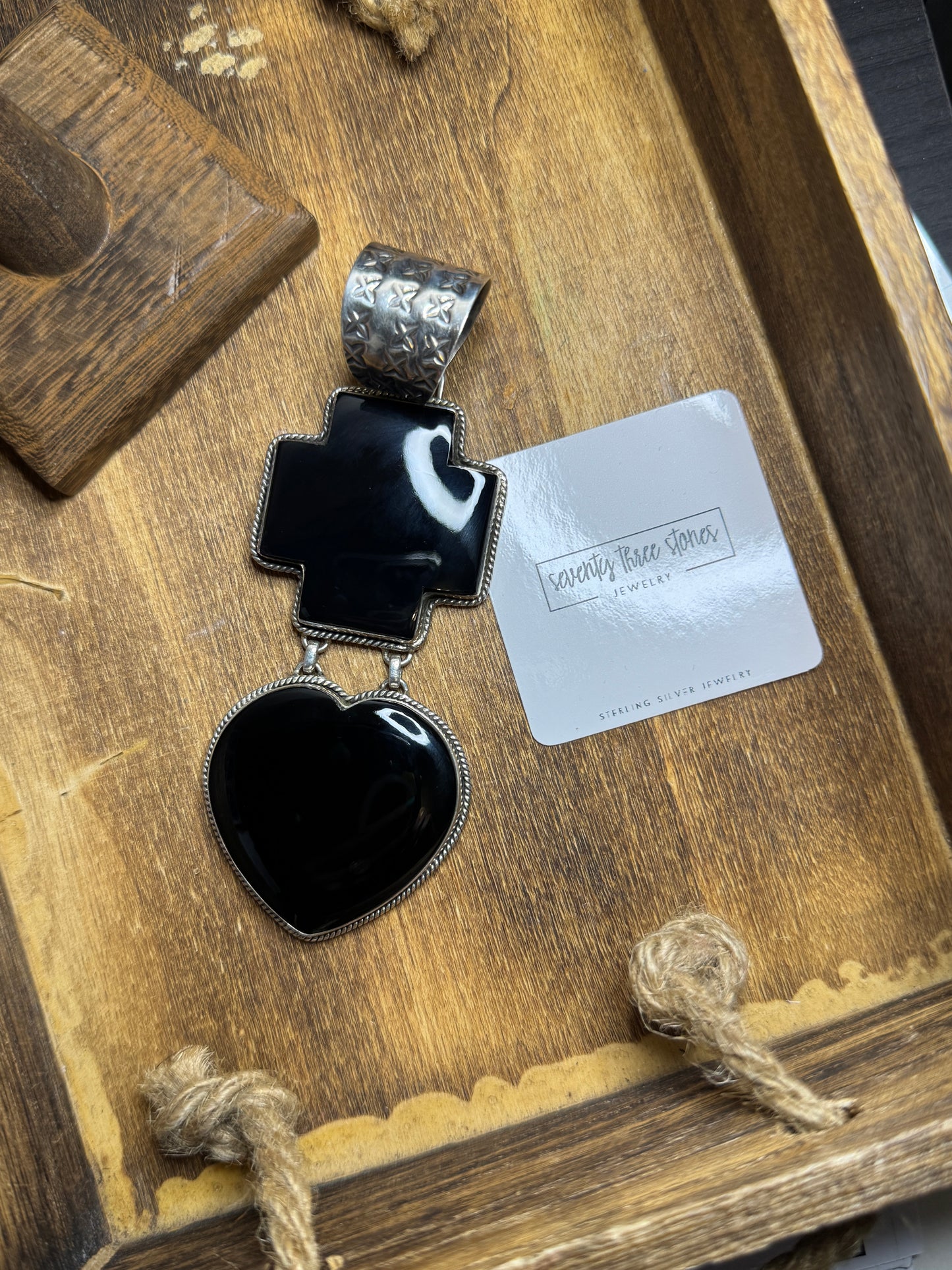 Black Onyx Cross Heart Pendant 4 3/4"