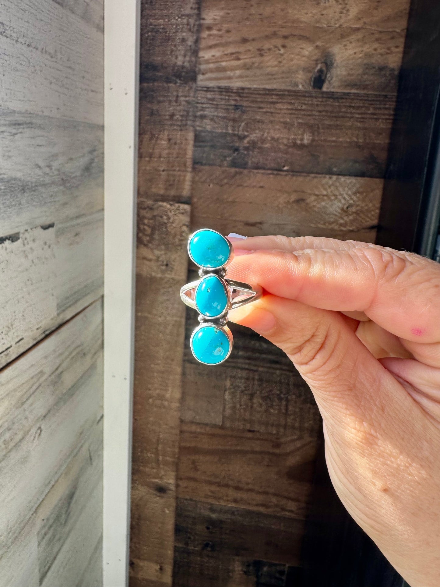 3-Stone Kingman Turquoise Ring – Size 10 Sterling Silver