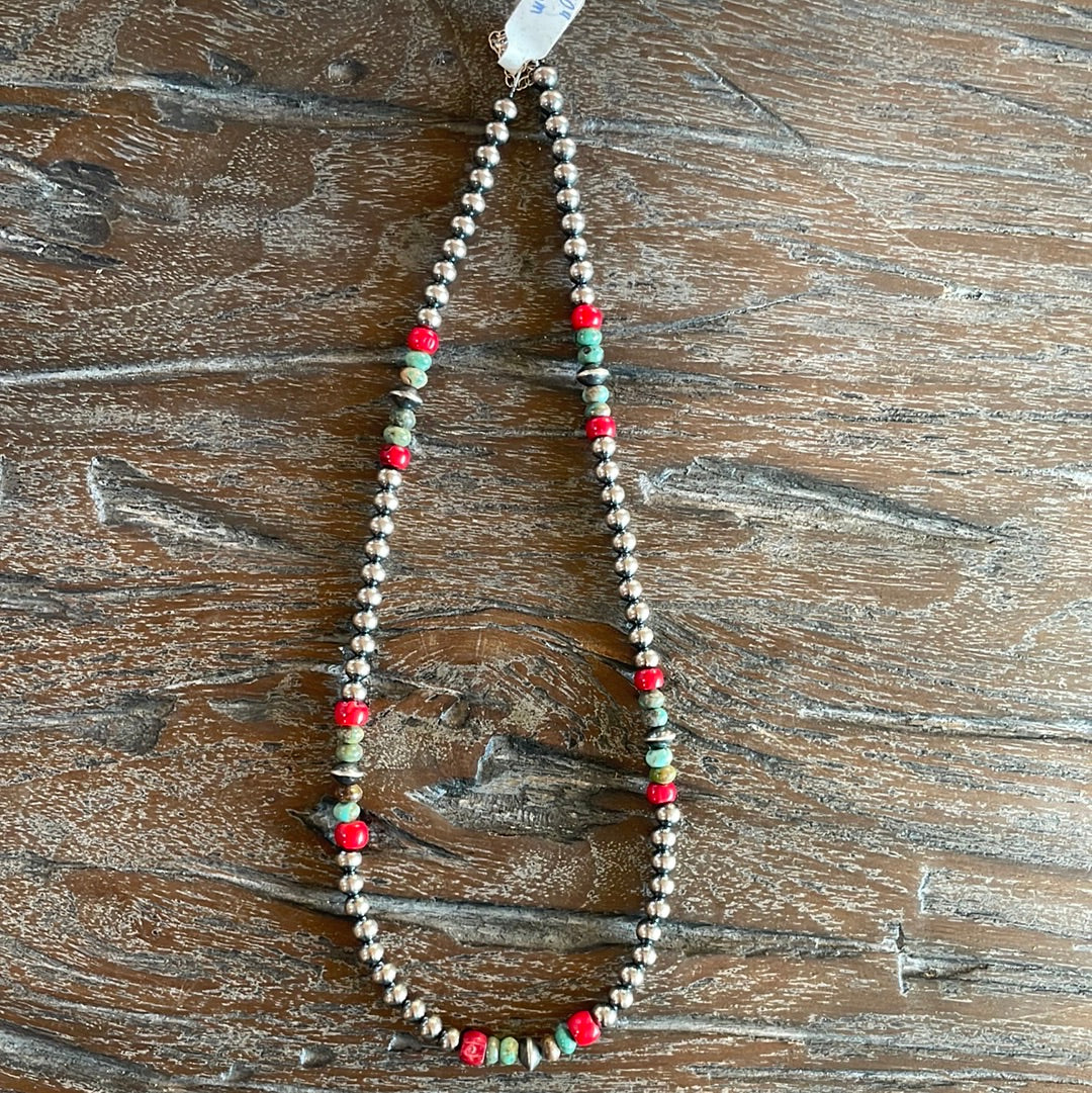 20” Red + Turquoise with 6mm Navajo Pearls Necklace