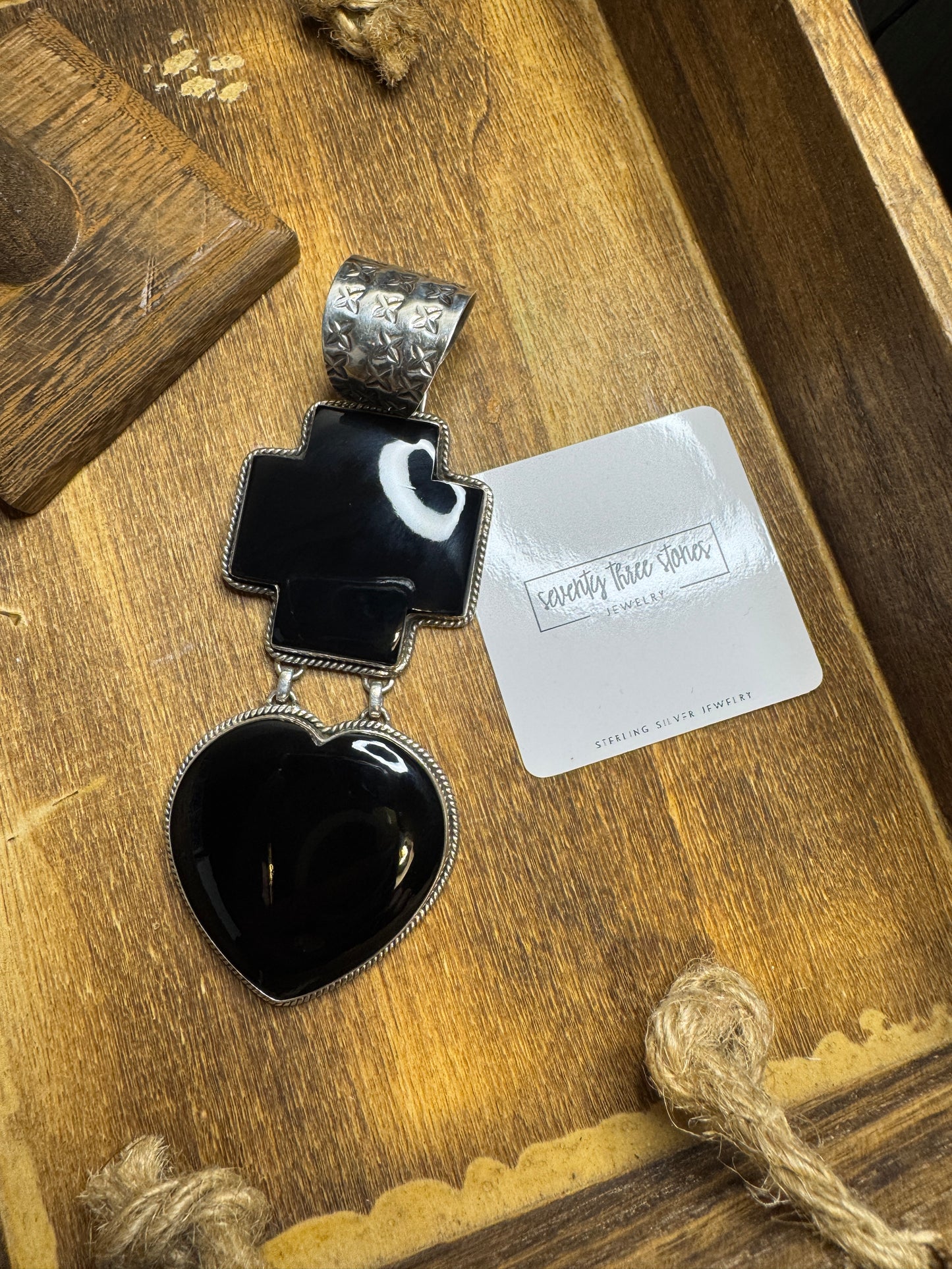 Black Onyx Cross Heart Pendant 4 3/4"