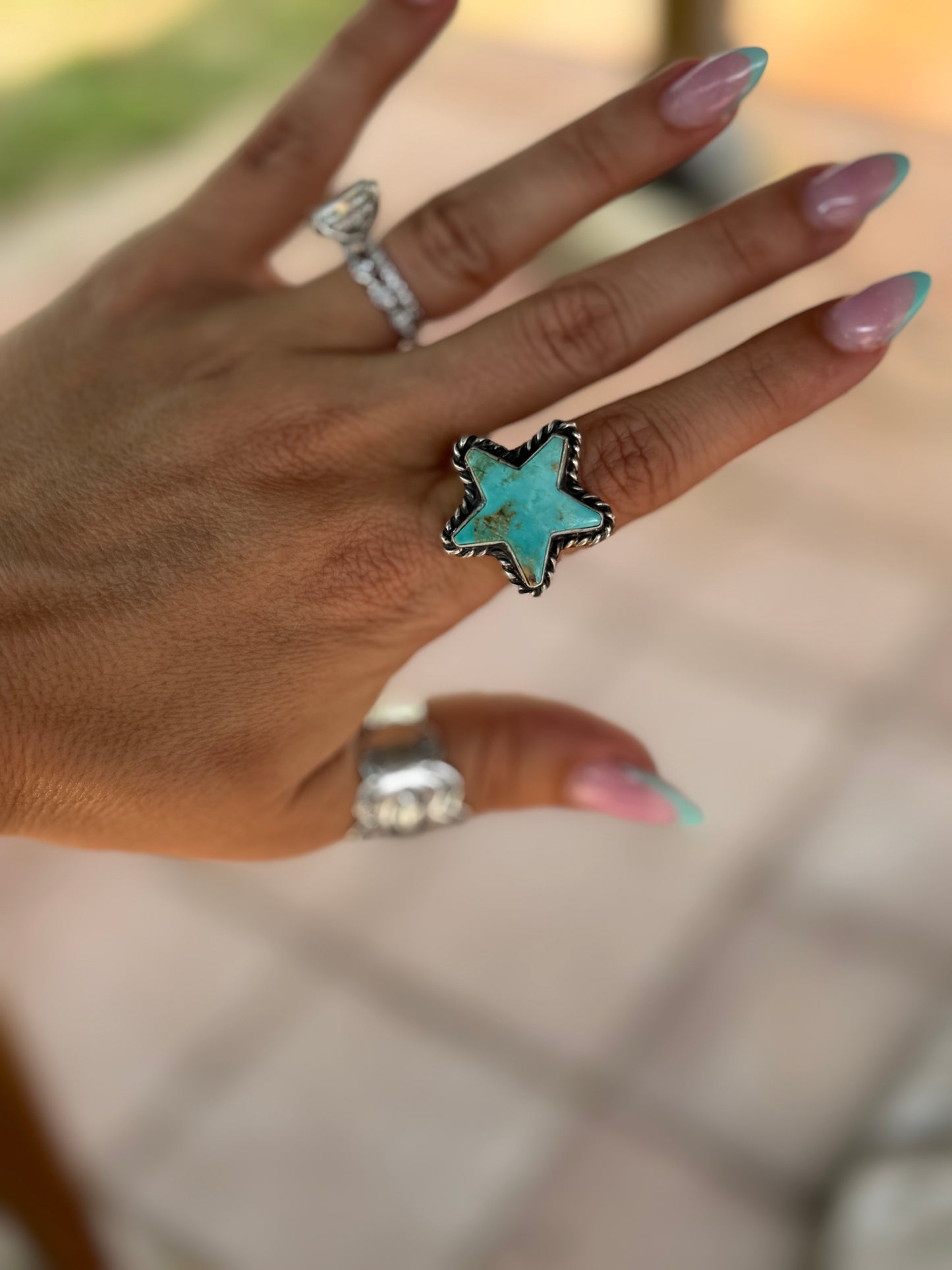 Turquoise Star Sterling Silver Adjustable Navajo Ring by Dixon