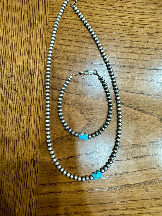 4mm Navajo Pearls +Turquoise Hearts Bracelet