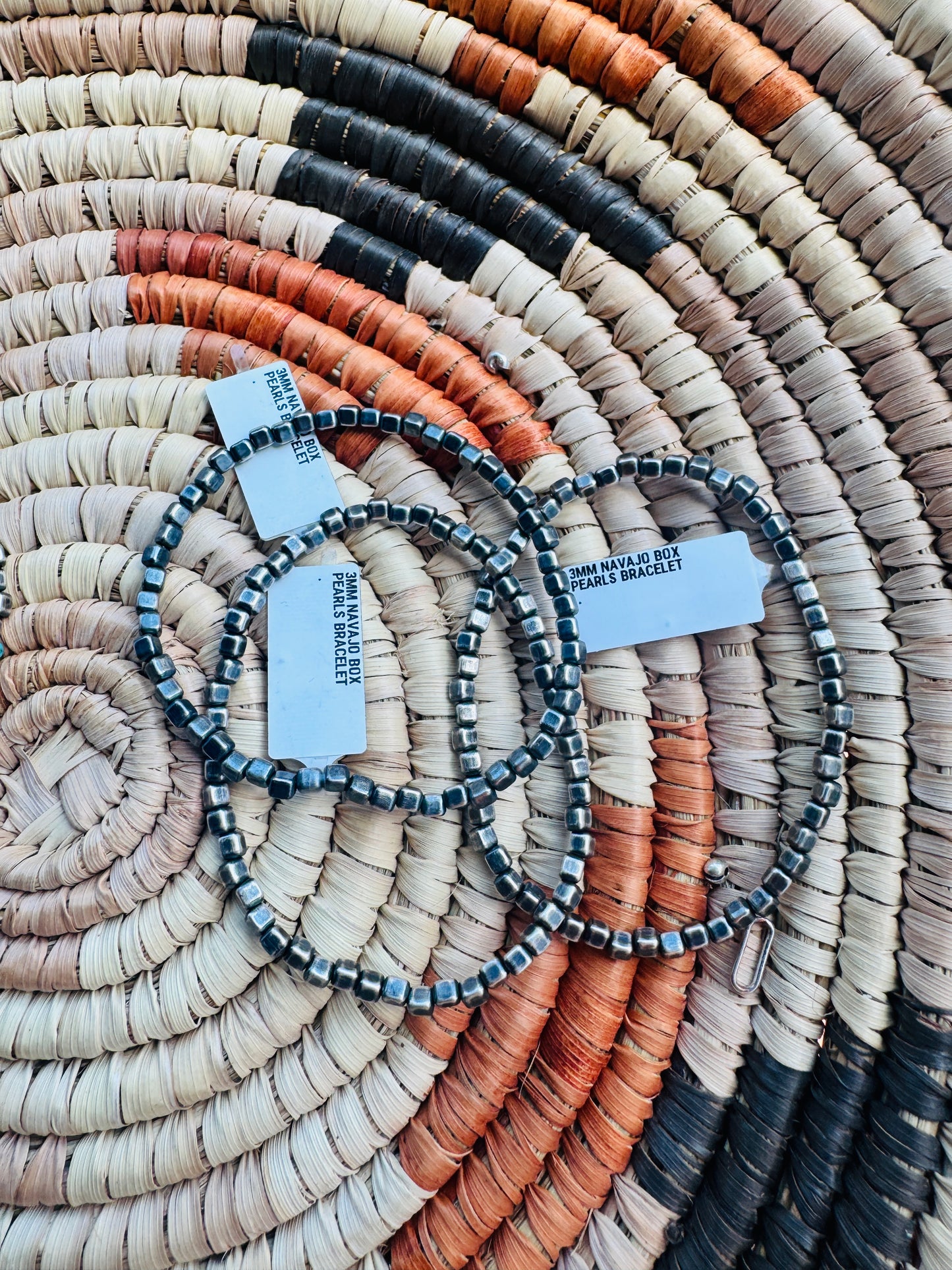 3mm Navajo Style Box Sterling Pearl stretch bracelet