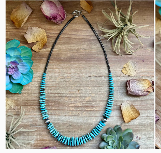 23” Ice Blue Turquoise Graduated Necklace – Sterling Silver & Hematite