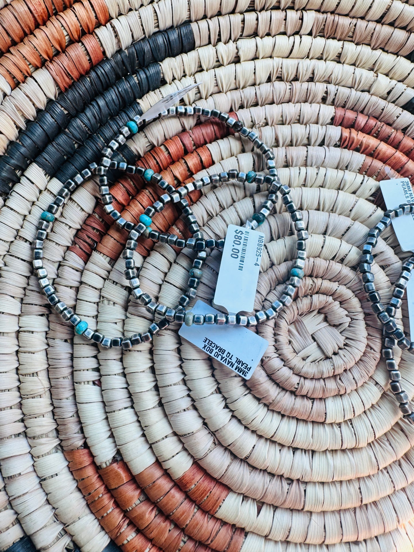 3mm Navajo Style Box Sterling Pearl + Turquoise stretch bracelet