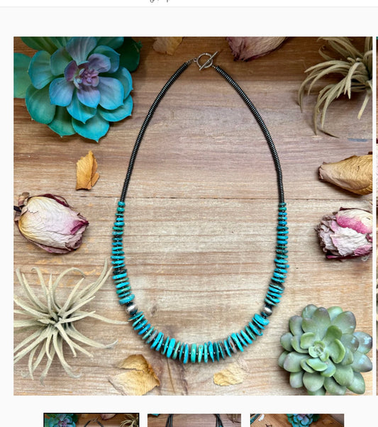 Turquoise Graduated Necklace with Hematite & Sterling Silver Accents – 23”