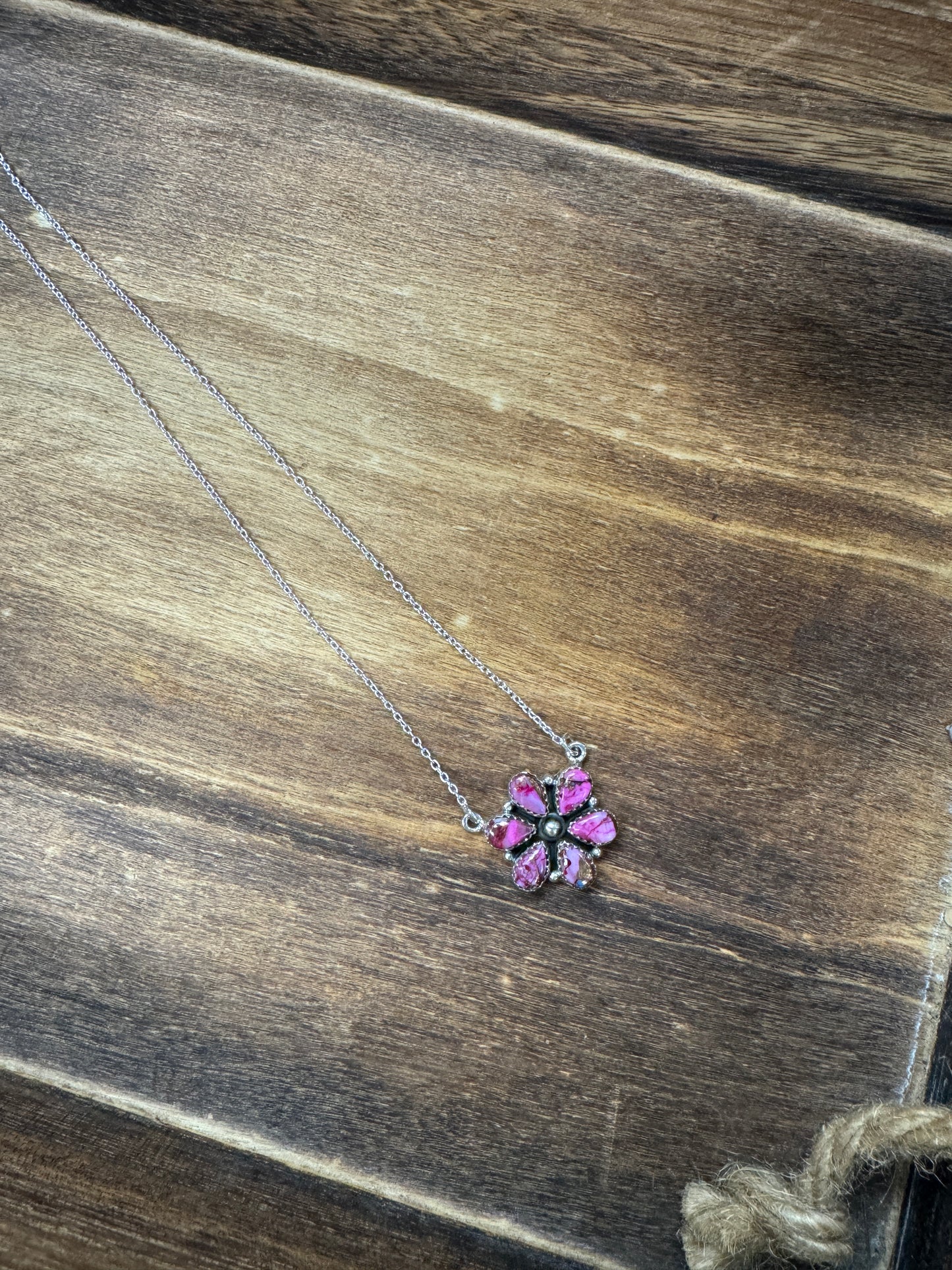 18” pink Dahlia on silver chain