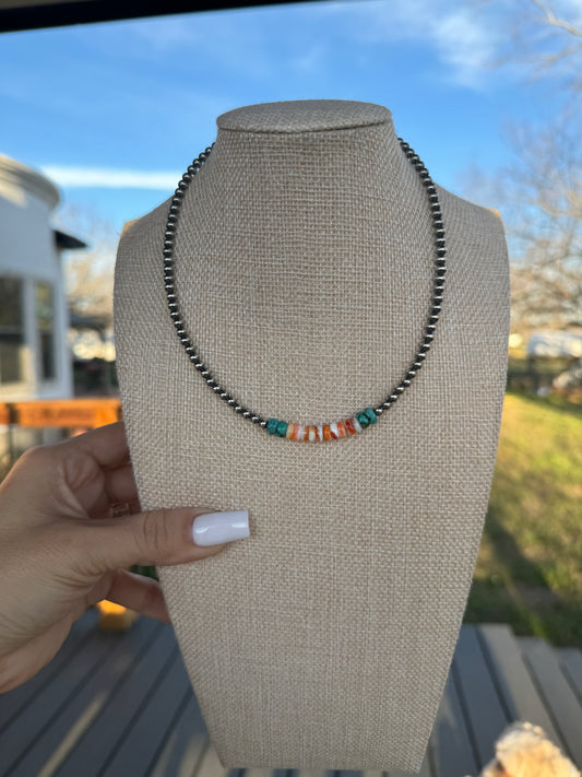 3mm 14” + ext necklace with Turquoise and Spiny Oyster