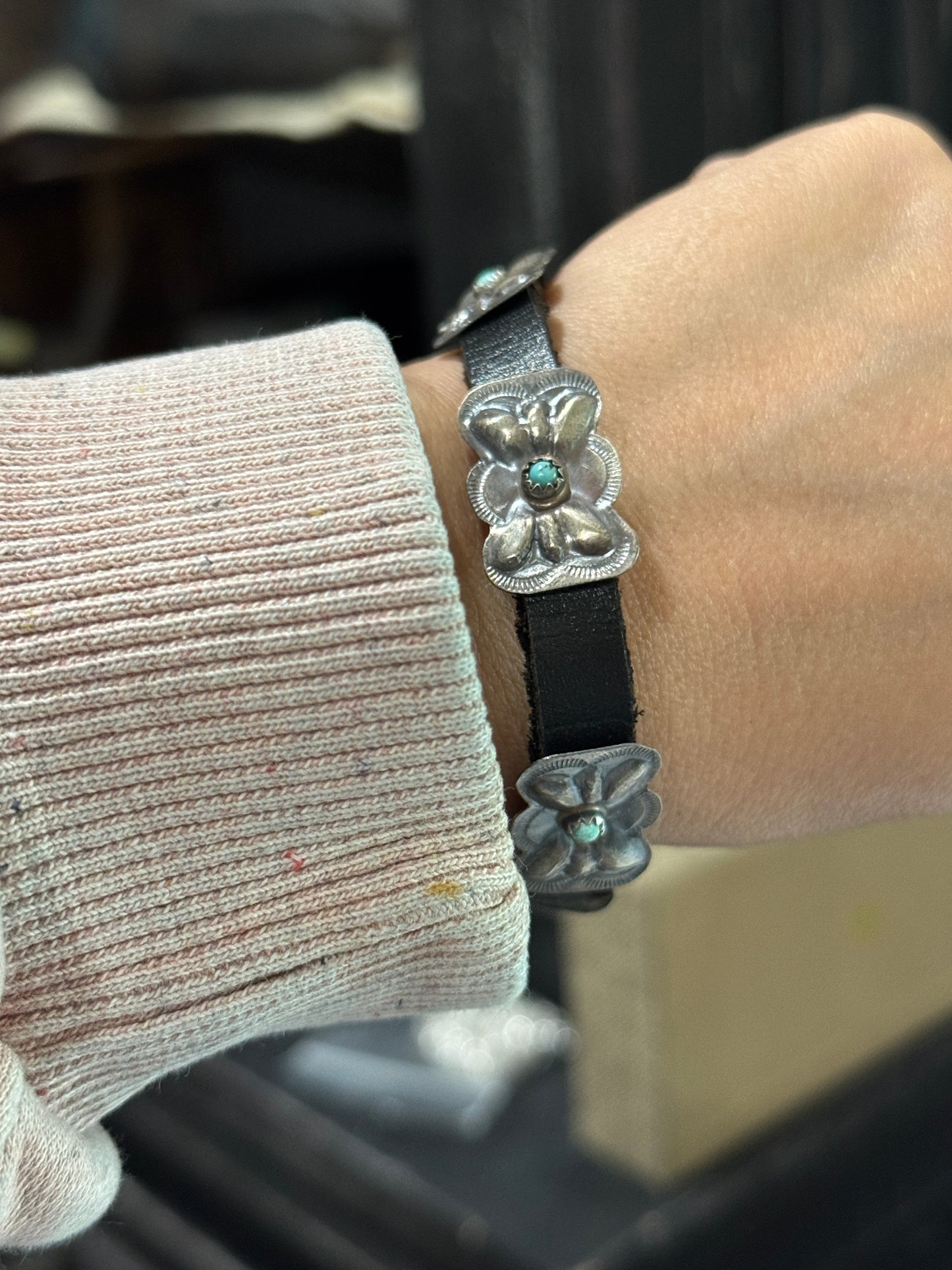 Leather Sterling Concho Turquoise Bracelet 2