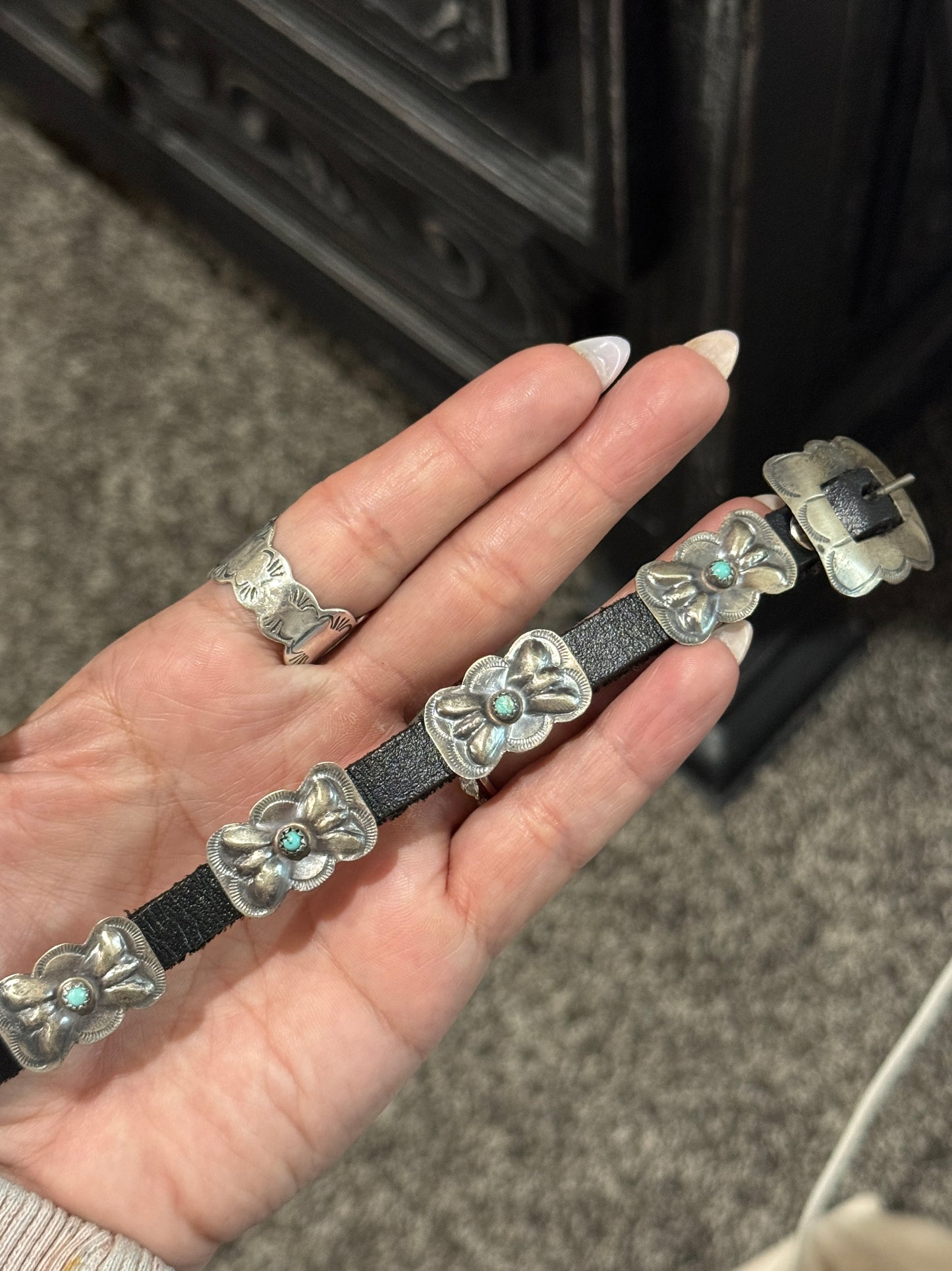 Leather Sterling Concho Turquoise Bracelet 2