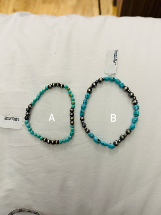 Turquoise and Sterling Pearl Stretch Bracelet B