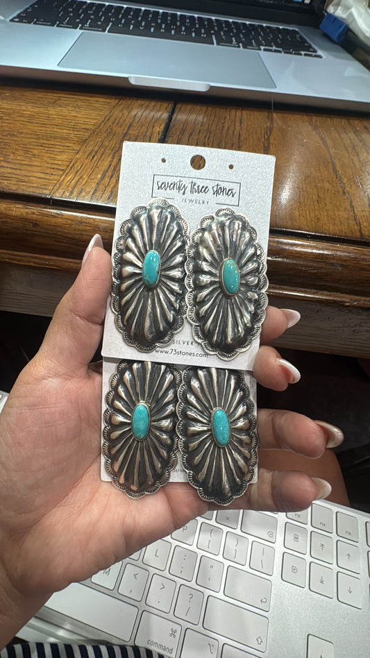 Rita Lee Navajo Hand Stamped Sterling Silver & Turquoise Long Concho Post Earrings