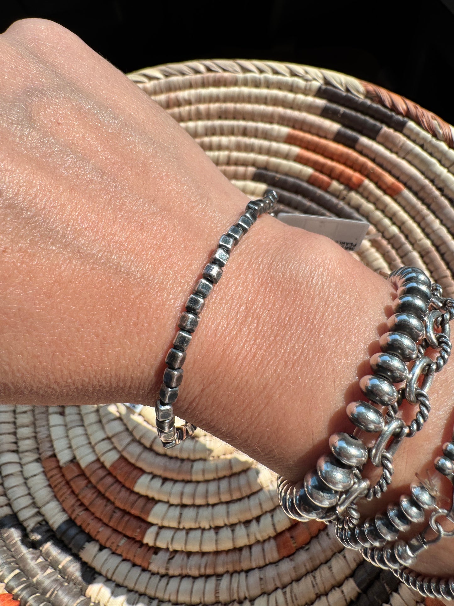 3mm Navajo Style Box Sterling Pearl stretch bracelet