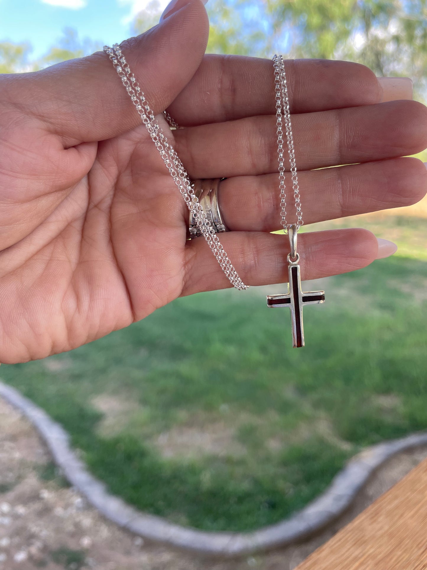 Deep Garnet Sterling cross necklace