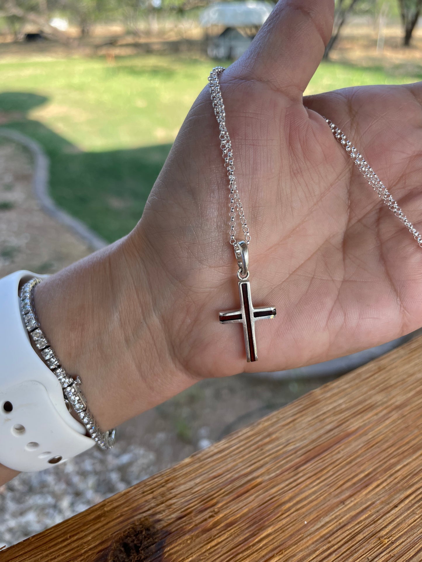 Deep Garnet Sterling cross necklace