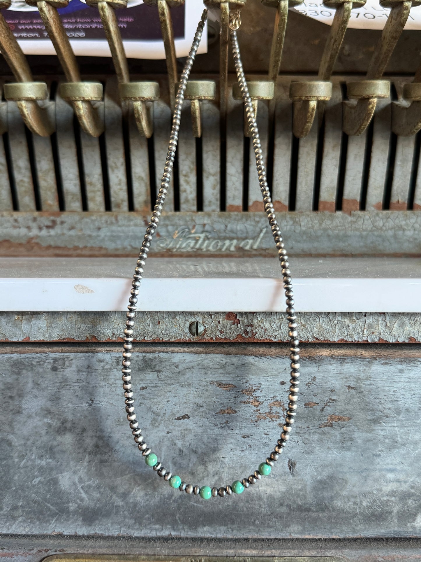 18” Saucer and Navajo pearl Necklace + Green Turquoise
