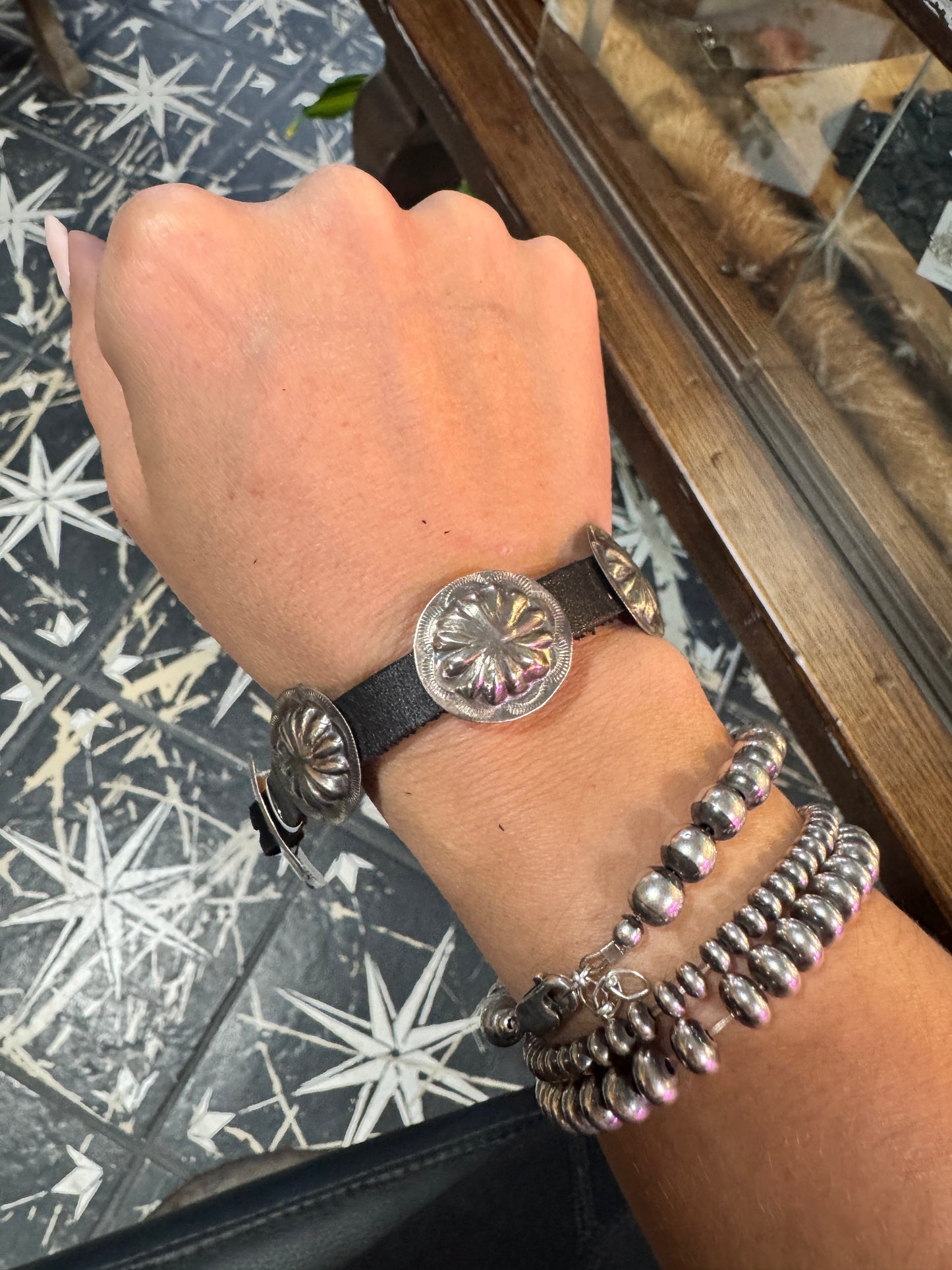 Leather Sterling Concho  Bracelet