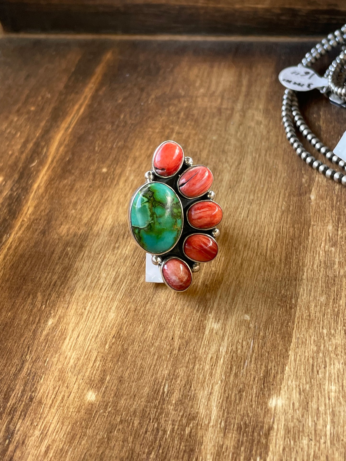 Turquoise ring, half cluster with red coral, size 7