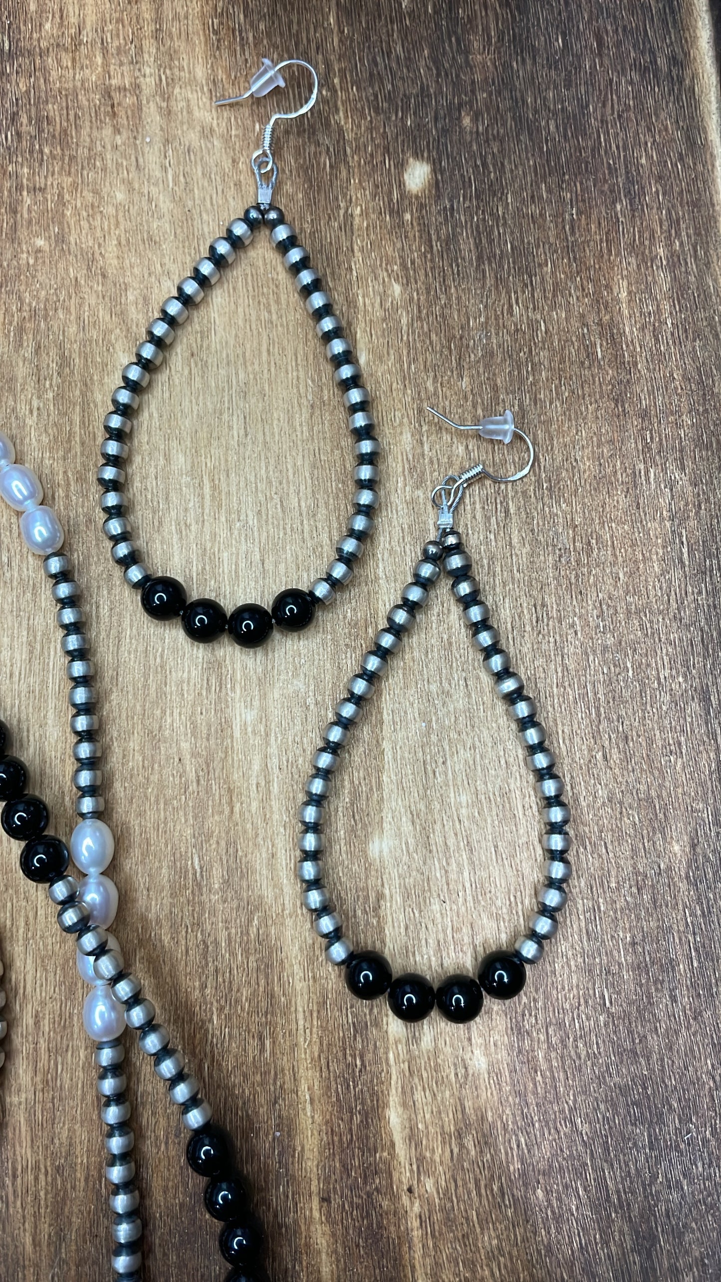 4mm Navajo Pearl Teardrop Earrings + Black Onyx 3”