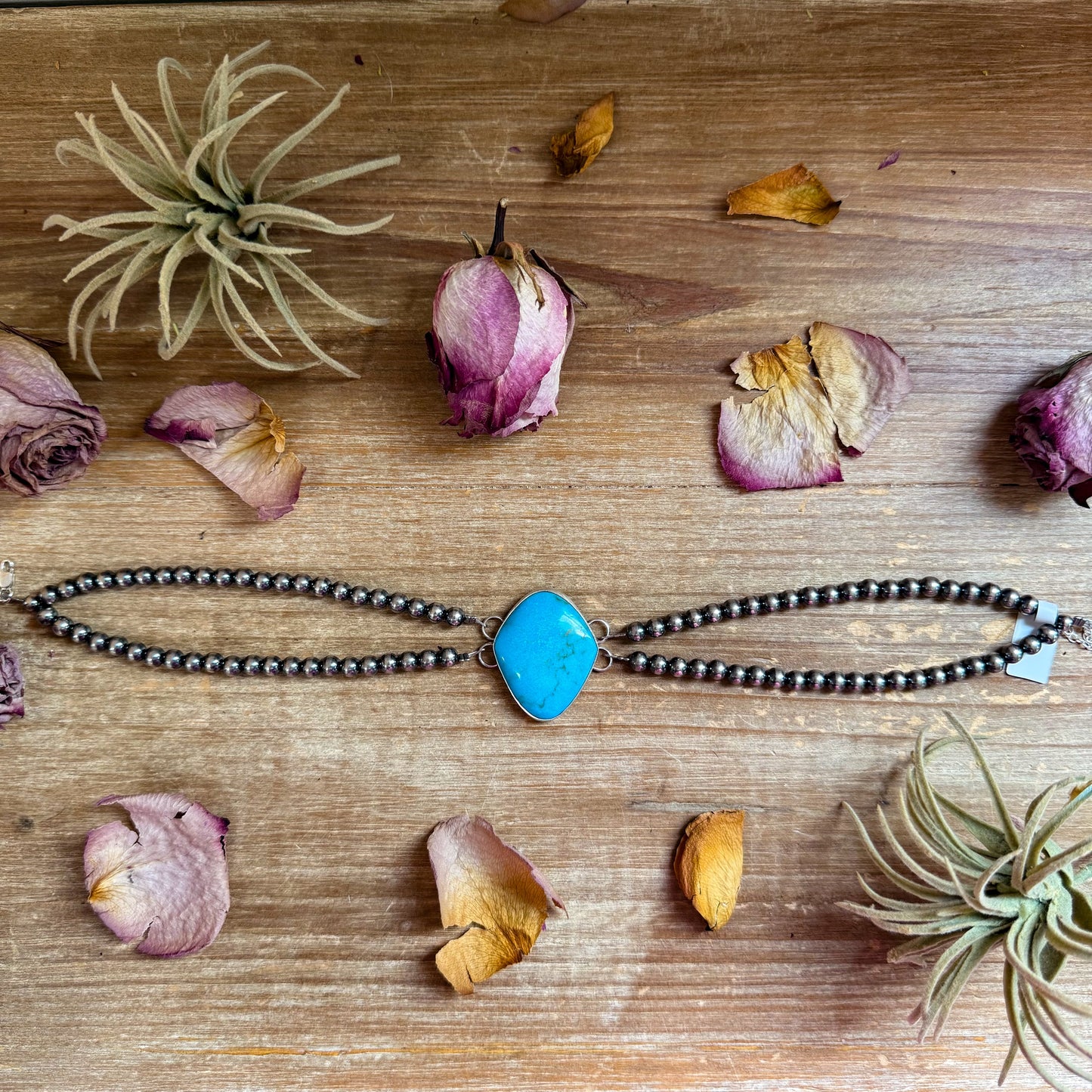 Double Strand Sterling Silver & Turquoise Choker – 13” + Extender – 6 mm Pearls