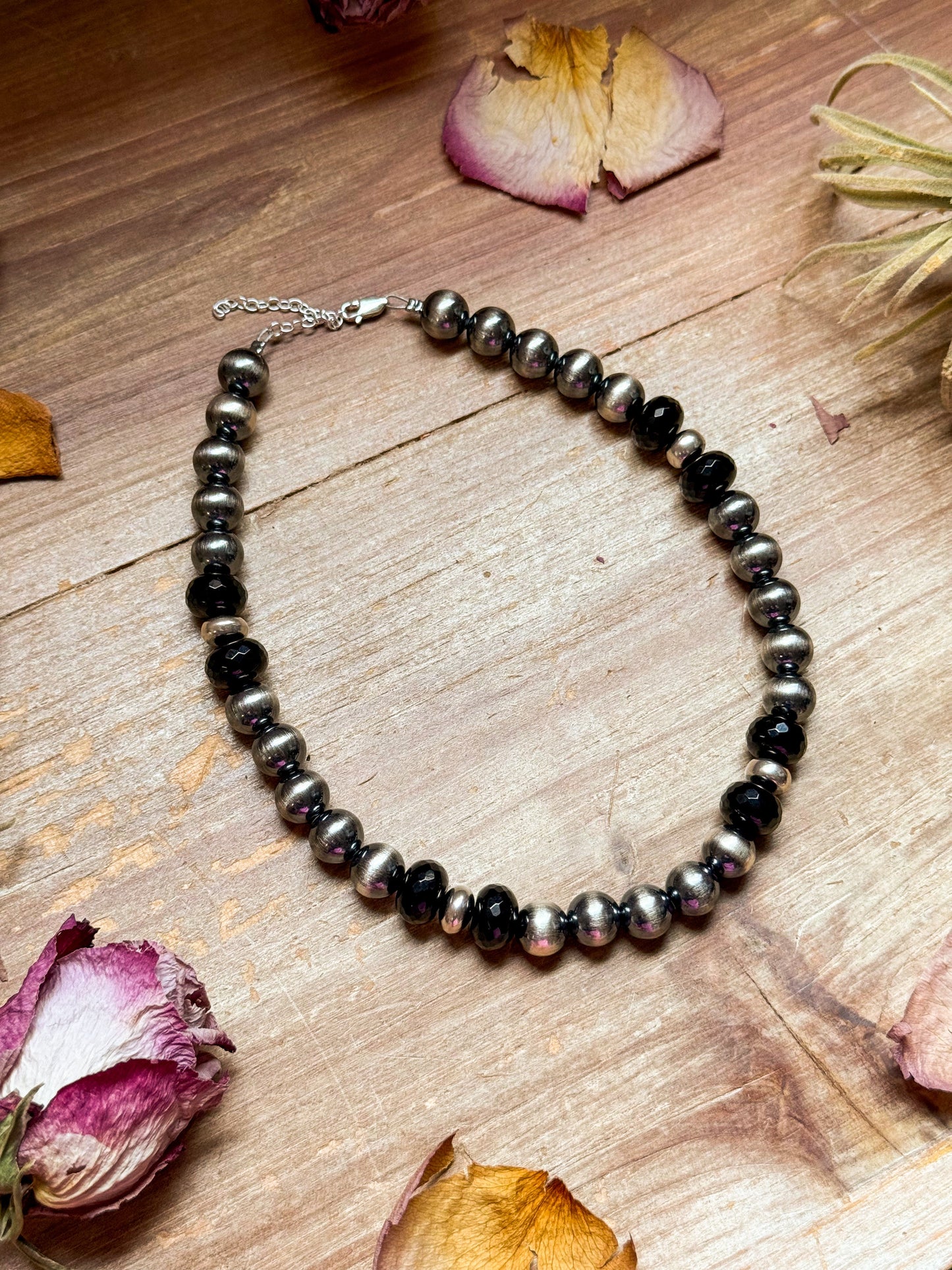 Black Onyx & Sterling Silver Pearl Choker – 14”