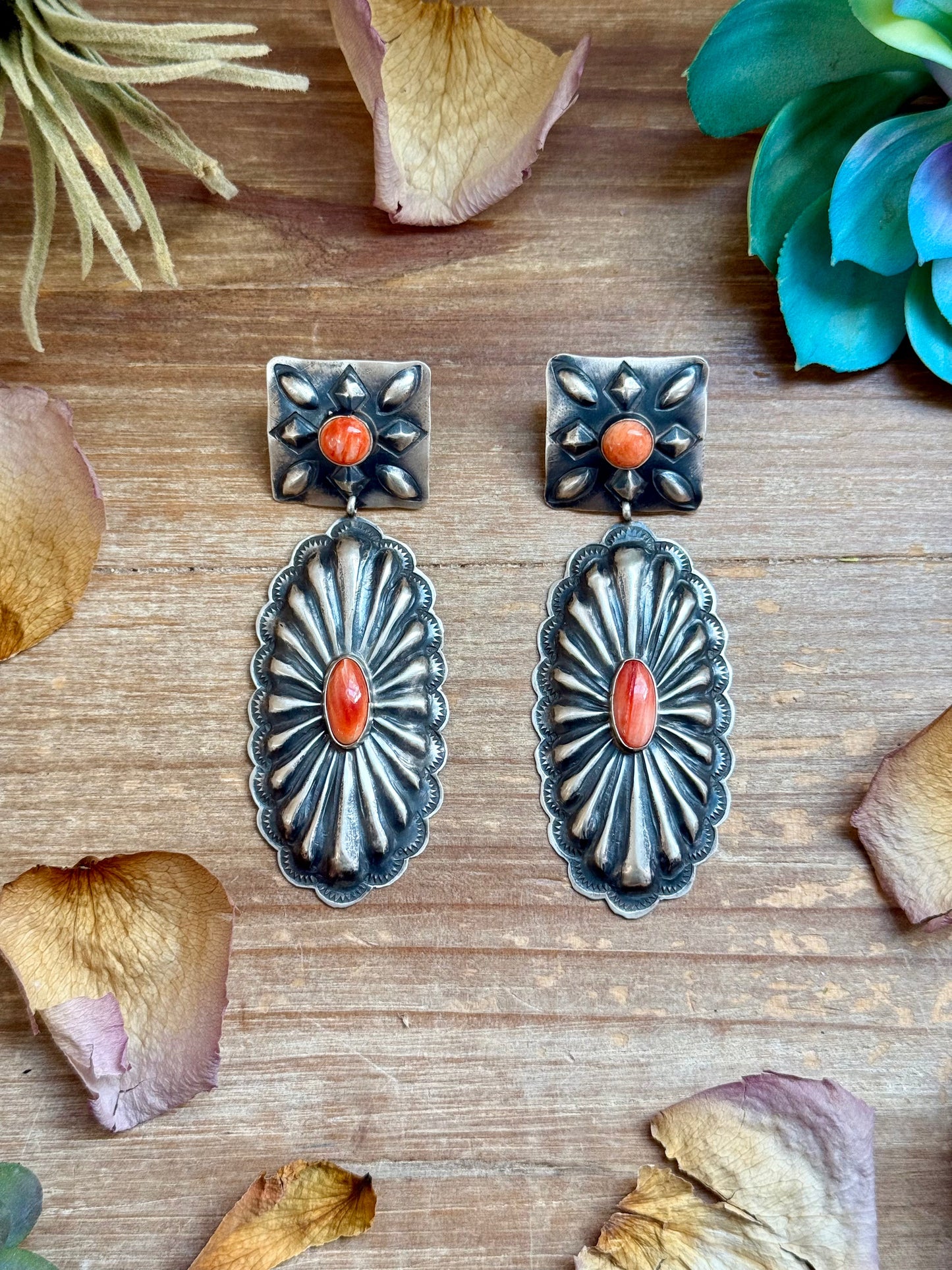 Sterling Silver Orange Spiny Oyster Dangle Earrings – Handmade by Navajo Artist Rita Lee