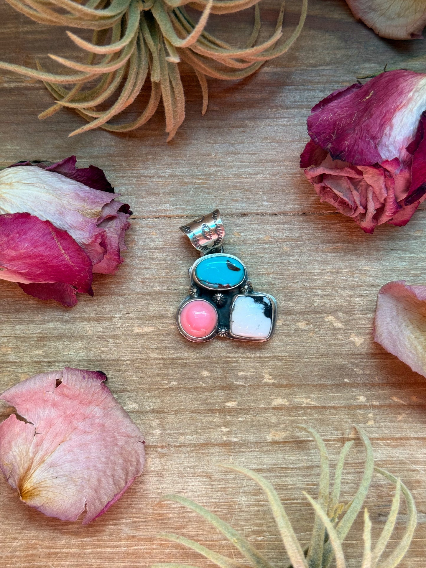 Kingman Turquoise, Pink Conch & White Buffalo Sterling Silver Pendant