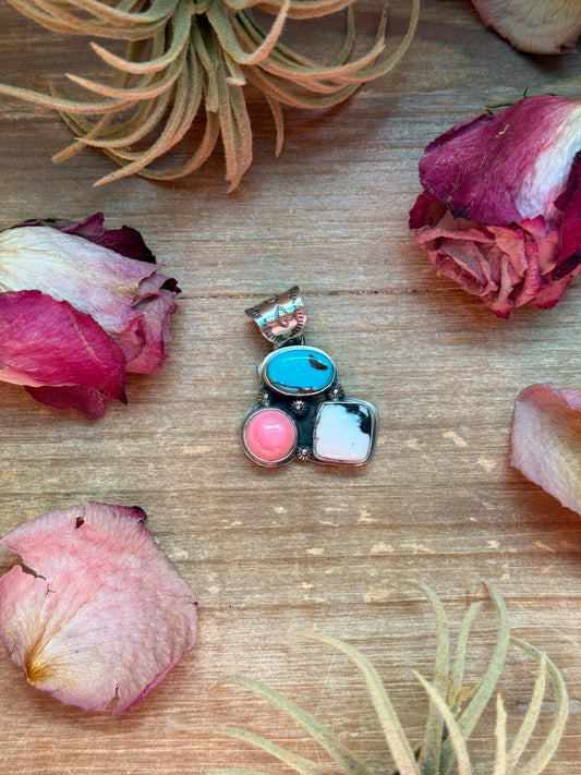Kingman Turquoise, Pink Conch & White Buffalo Sterling Silver Pendant