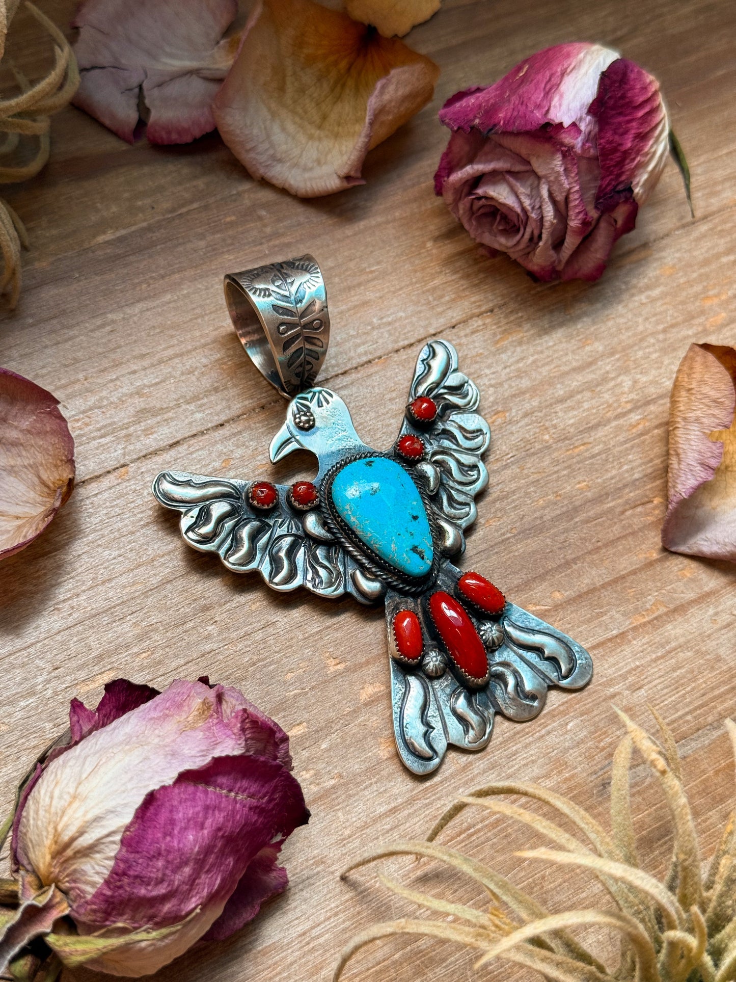 Thunderbird Pendant – Red Coral & Turquoise – Stamped Richard Yazzie