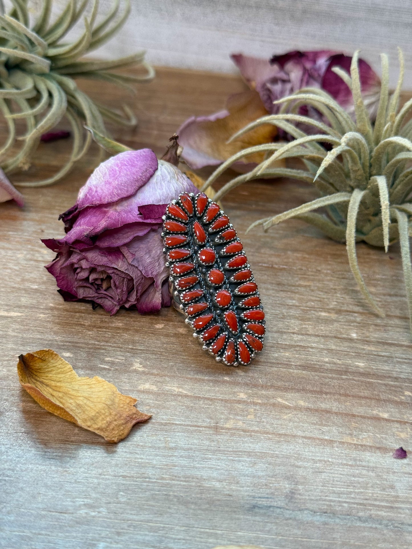 Red Coral Cluster Sterling Silver Ring – Size 9