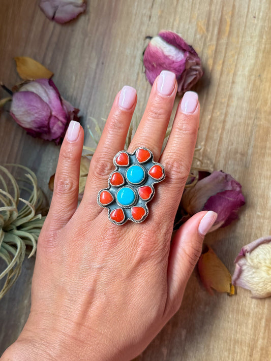 Red Coral & Kingman Turquoise Sterling Silver Ring – Adjustable