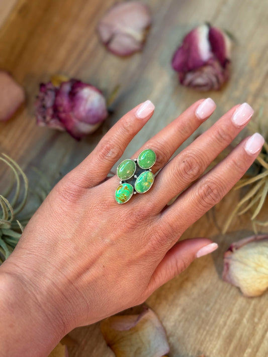 Green Turquoise Sterling Silver Ring – 4-Stone Diamond Shape – Size 6