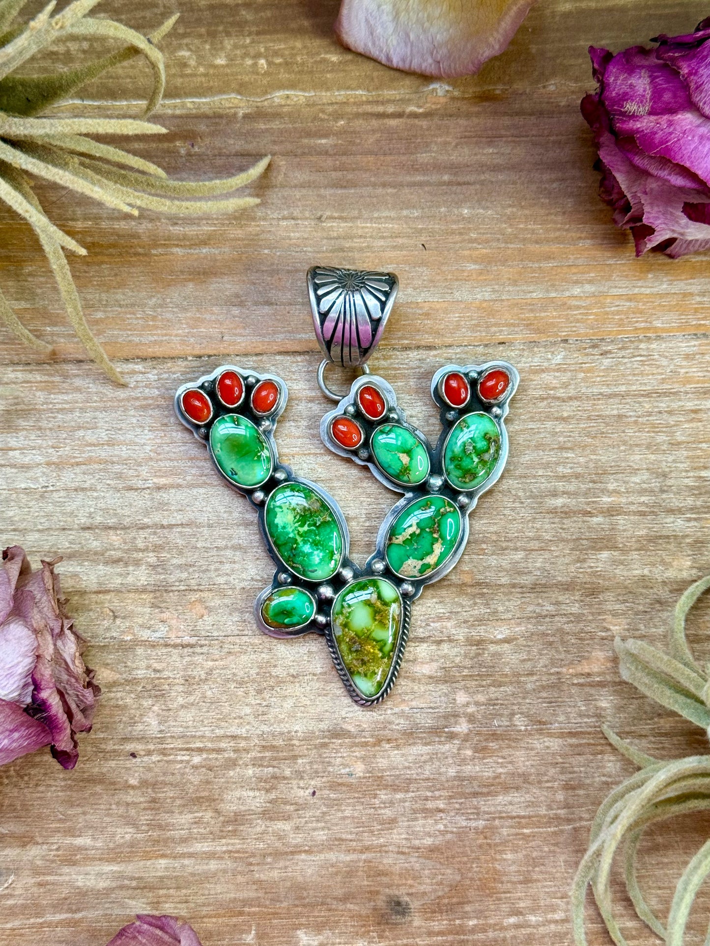 Sterling Silver Cactus Pendant with Sonoran Turquoise & Coral – Native Made by Charles Johnson