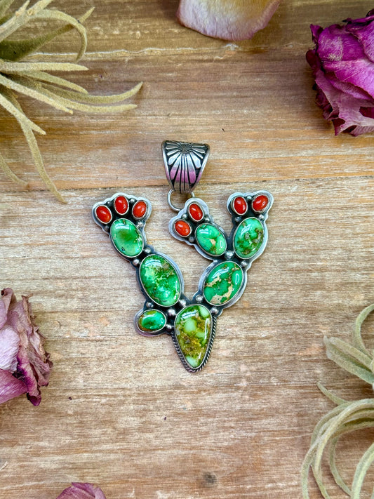 Sterling Silver Cactus Pendant with Sonoran Turquoise & Coral – Native Made by Charles Johnson