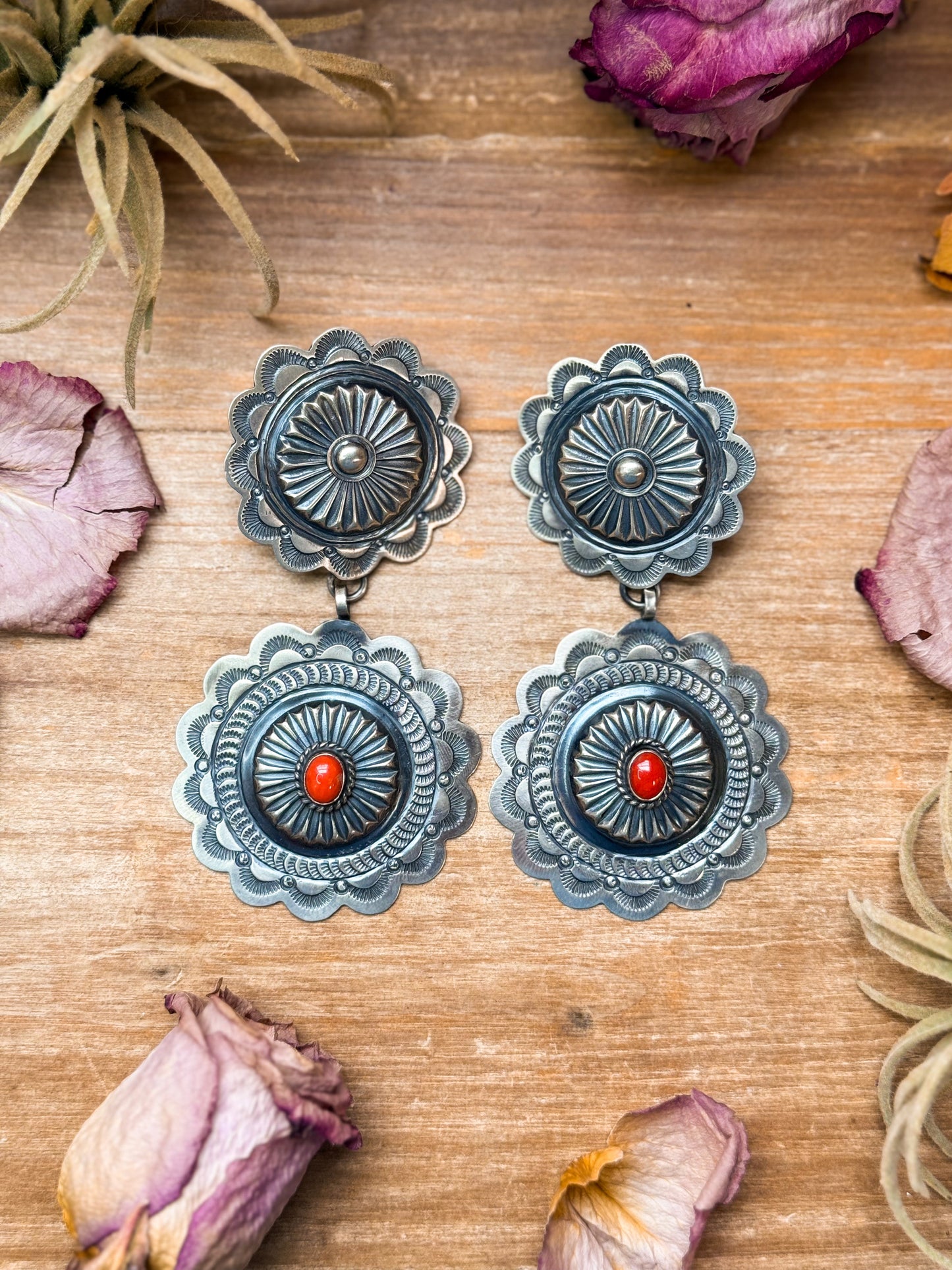 Sterling Silver Coral Jewelry Set – Native Made by Emerson Brown – Cuff, Adjustable Ring & Dangle Earrings