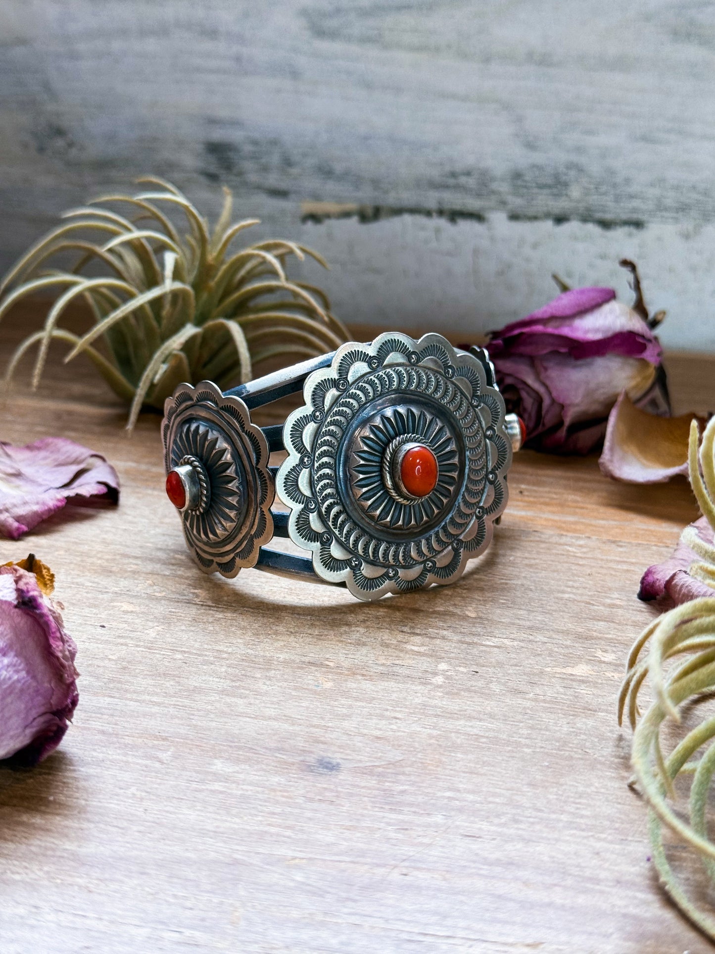 Sterling Silver Coral Jewelry Set – Native Made by Emerson Brown – Cuff, Adjustable Ring & Dangle Earrings