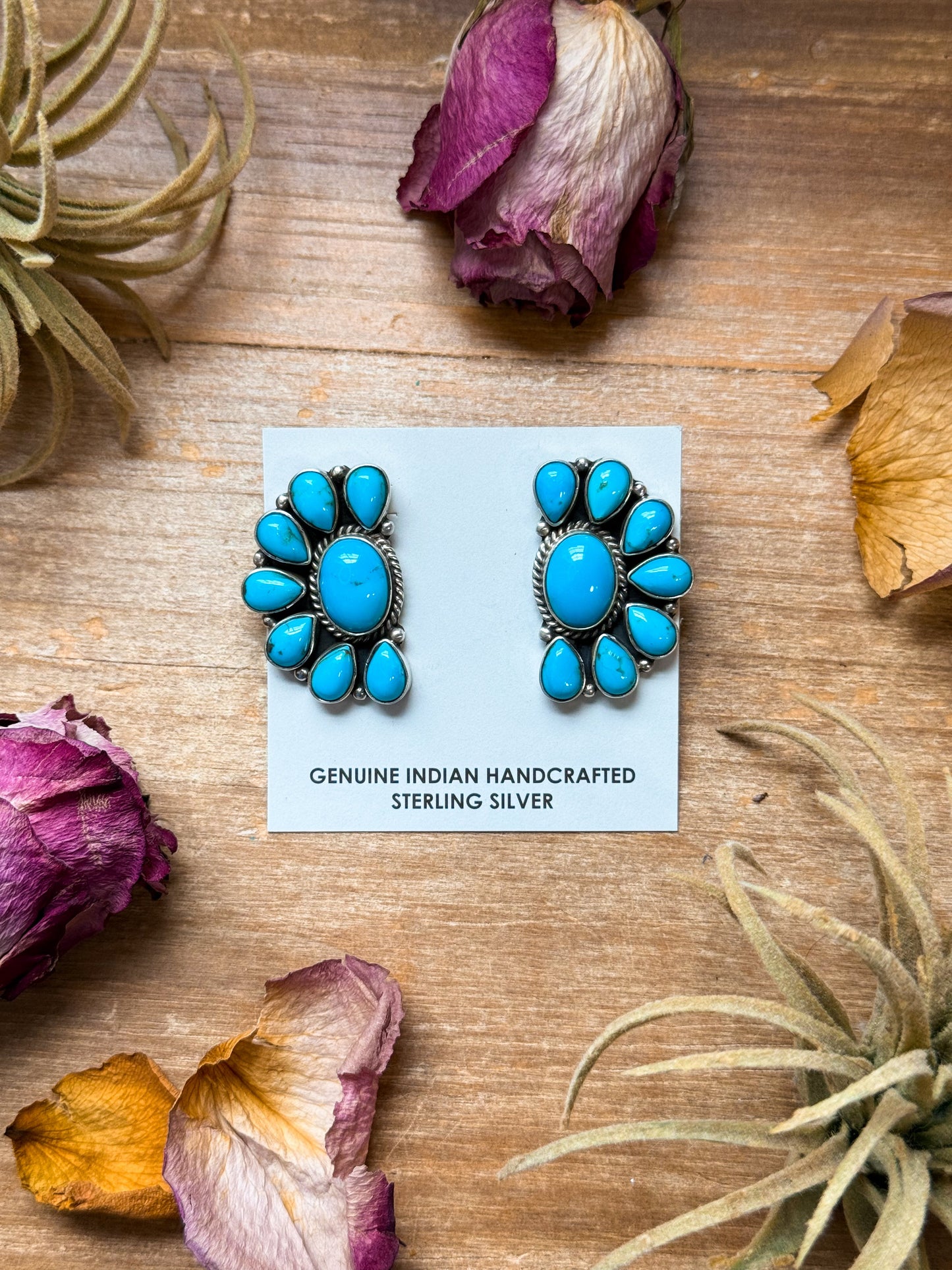 Sterling Silver Kingman Turquoise Half Cluster Earrings – Native Made by E. Richards (Navajo Artist)