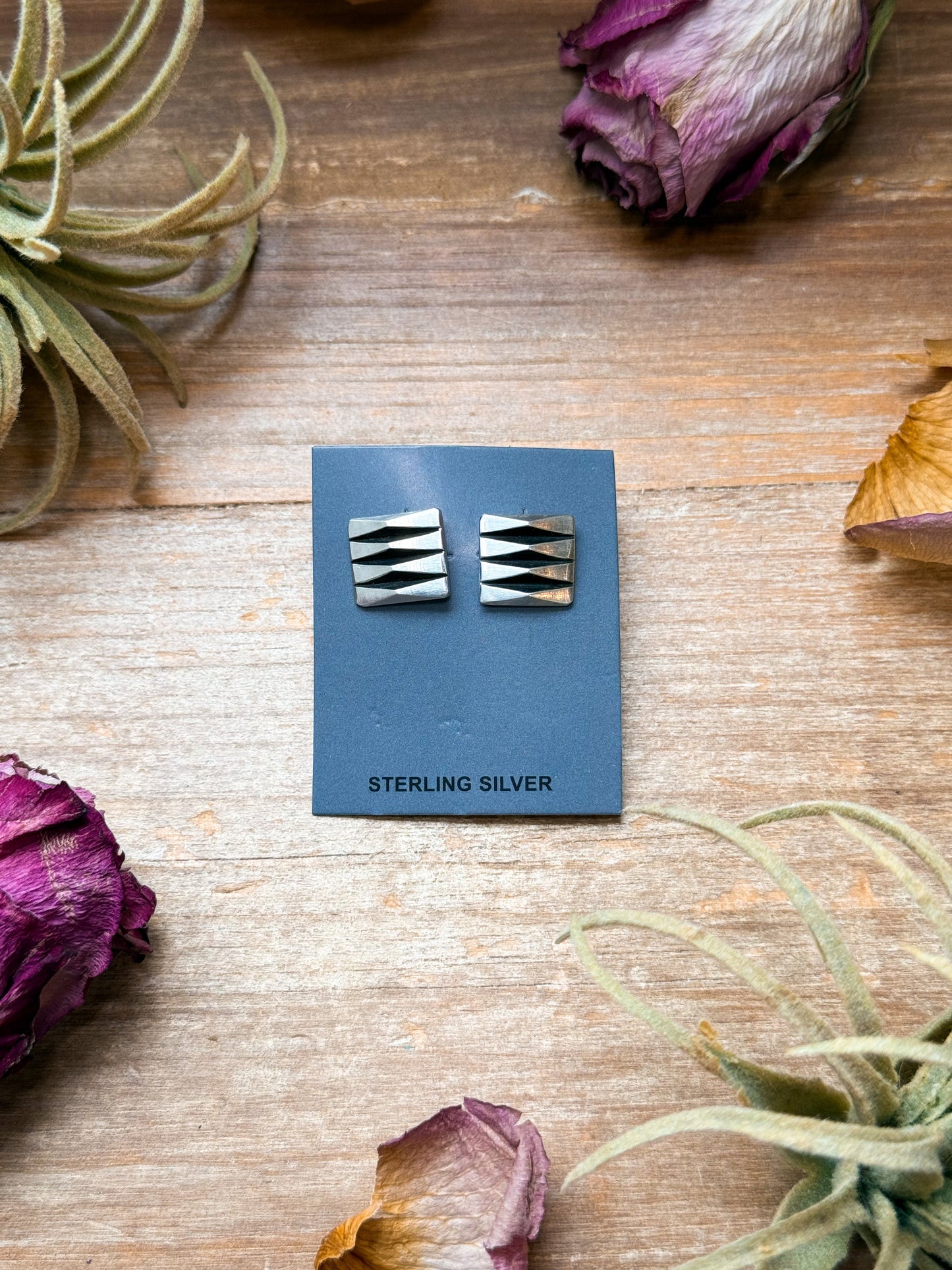 Sterling Silver Square Stud Earrings – Native Made by L. Tahe (Navajo Artist)