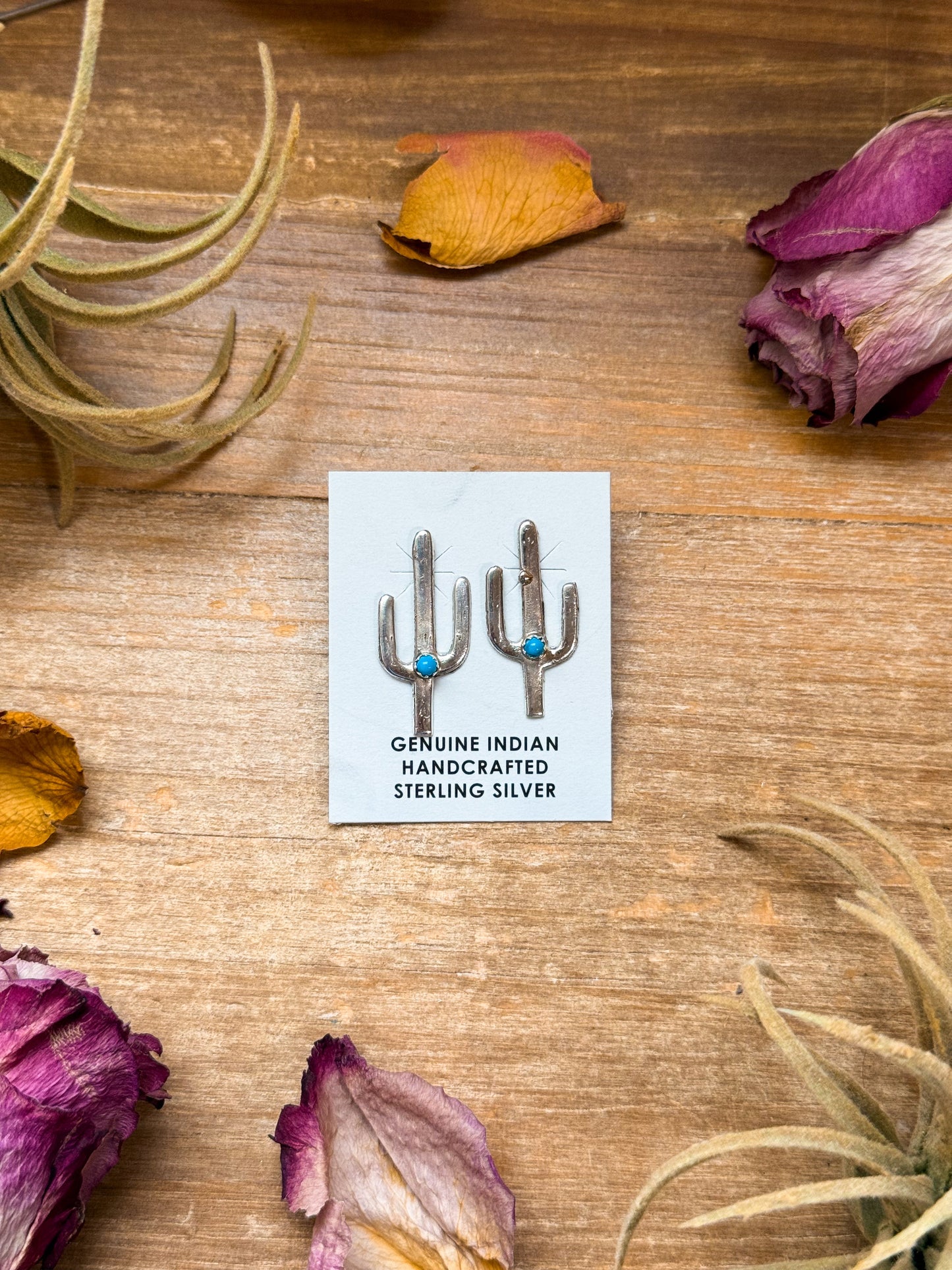 Sterling Silver Cactus Stud Earrings with Kingman Turquoise