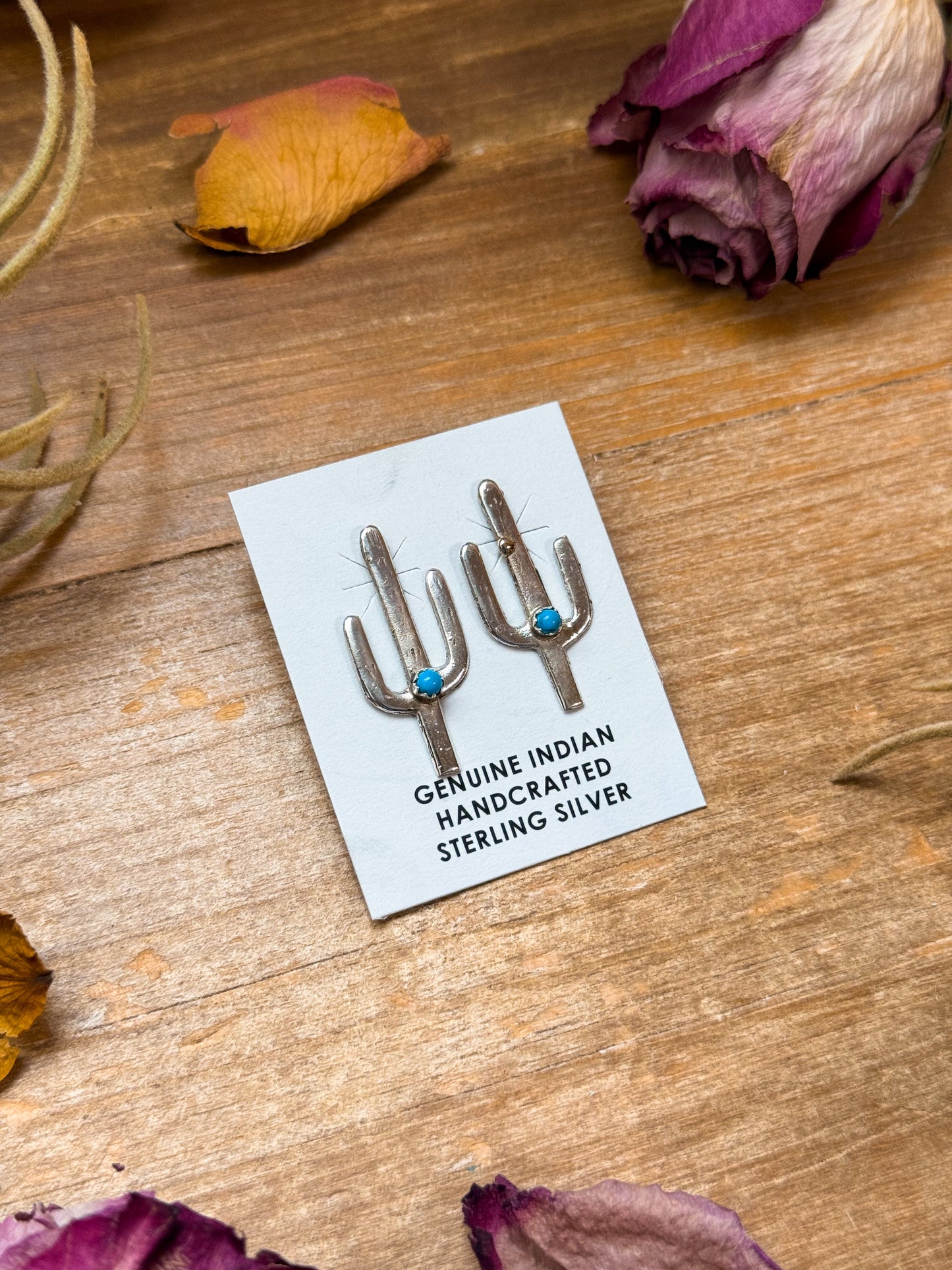 Sterling Silver Cactus Stud Earrings with Kingman Turquoise