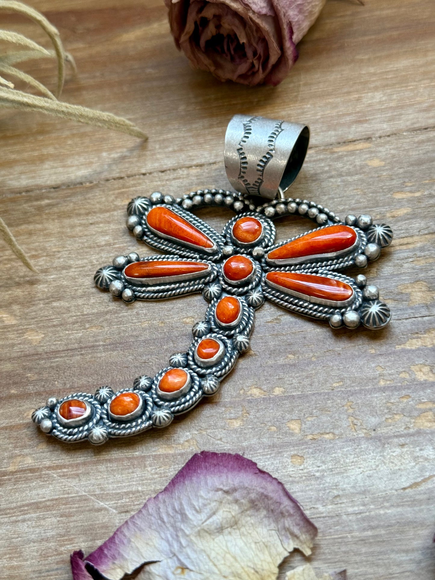 Sterling Silver Orange Spiny Oyster Dragonfly Pendant – Fits Up to 15 mm Beads – Artist Shay Pfeiffer