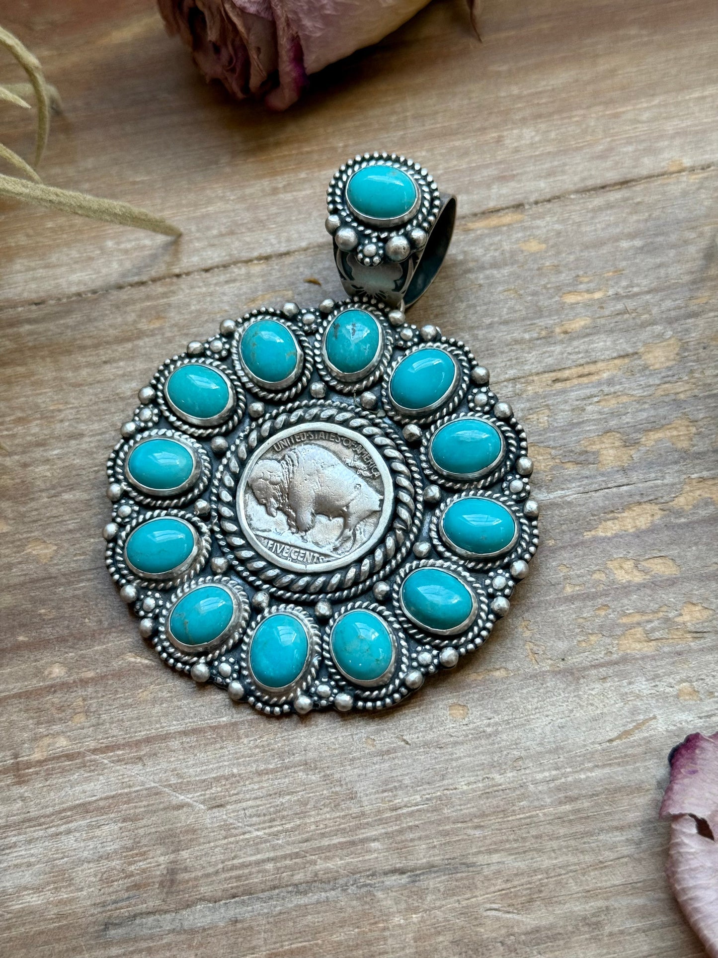 Sterling Silver Kingman Turquoise & Buffalo Nickel Cluster Pendant – Artist Shay Pfeiffer